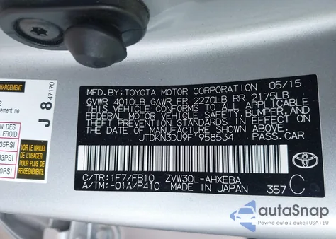 2015 Toyota Prius Two z USA, uszkodzony, nr VIN JTDKN3DU9F1958534